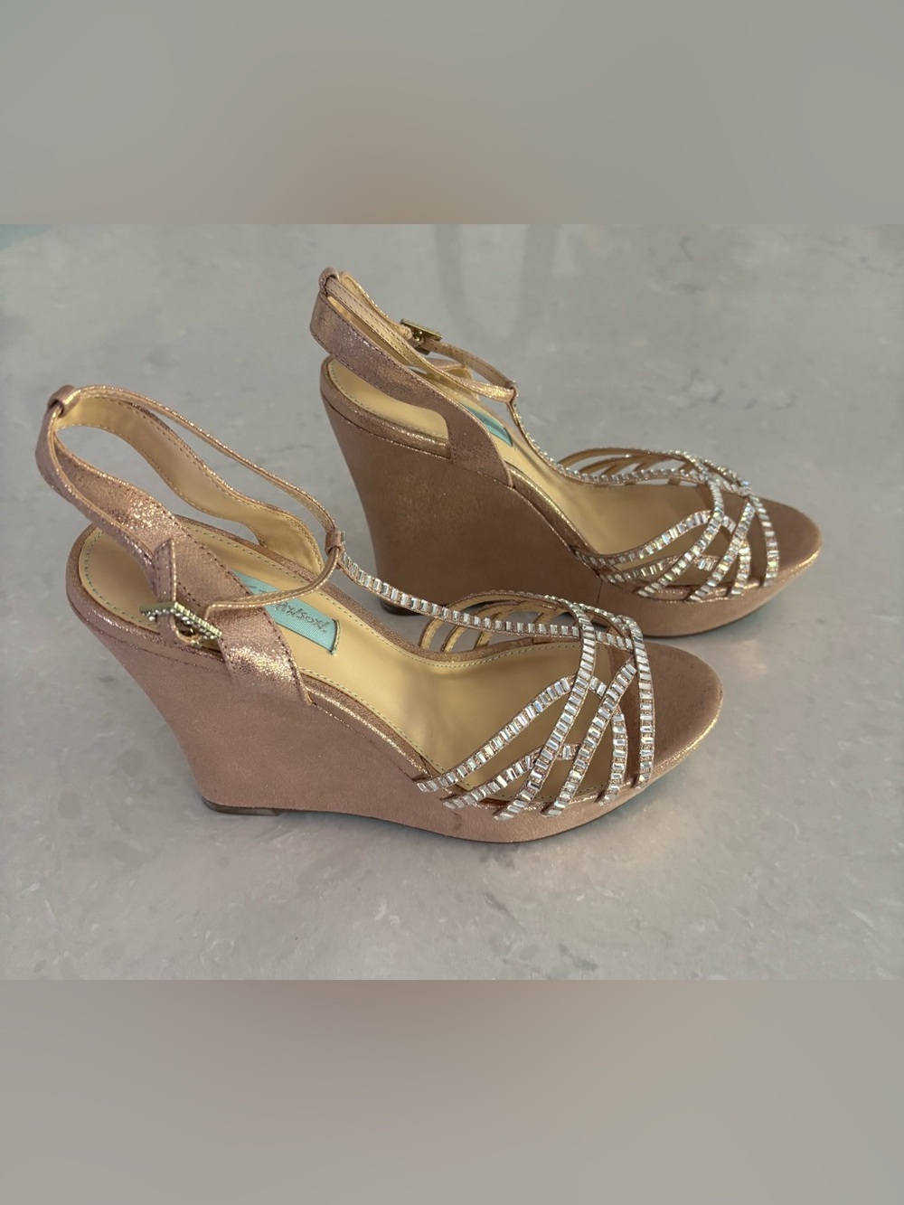 Betsey Johnson SB-Ember Champagne Rhinestone Wedge Sandals Size 9